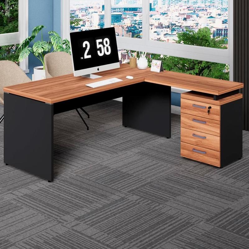 Mesa L Escrivaninha 1,70m Gaveteiro 4 Gavetas Pés Painel F5 - F5